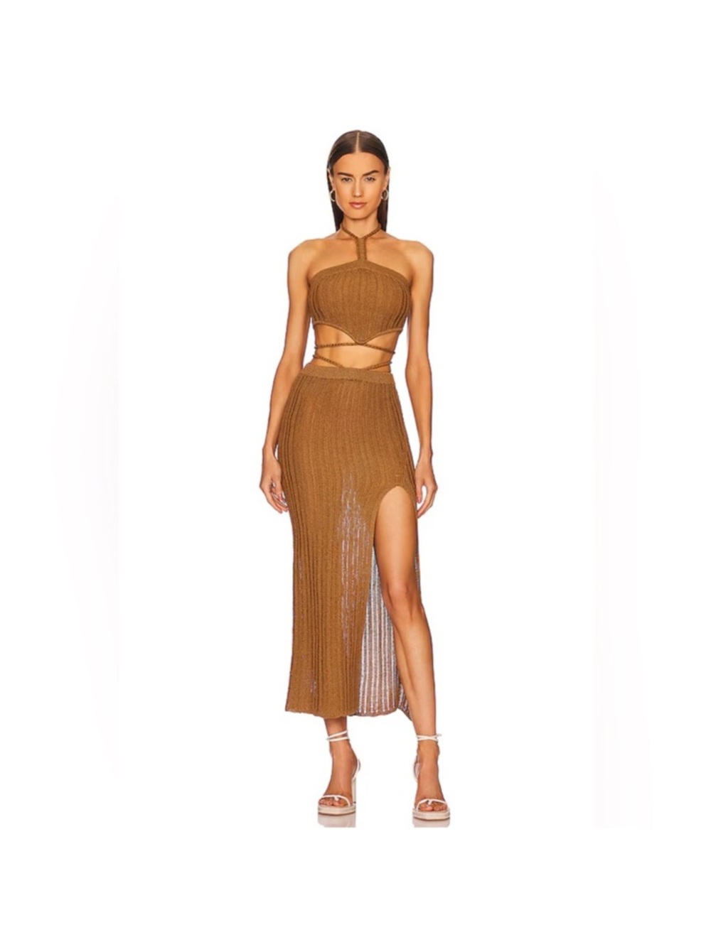 Michael Costello x REVOLVE Dark Sand Sylvan maxi skirt and knit top set size med